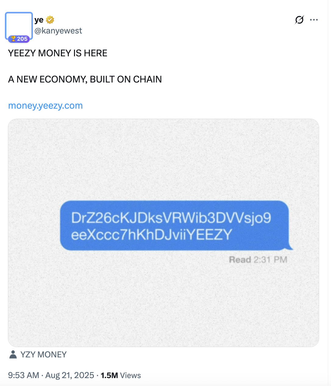 Kanye West launches a new coin, “New YZY”, which will once again trigger the celebrity meme craze or is it another harve