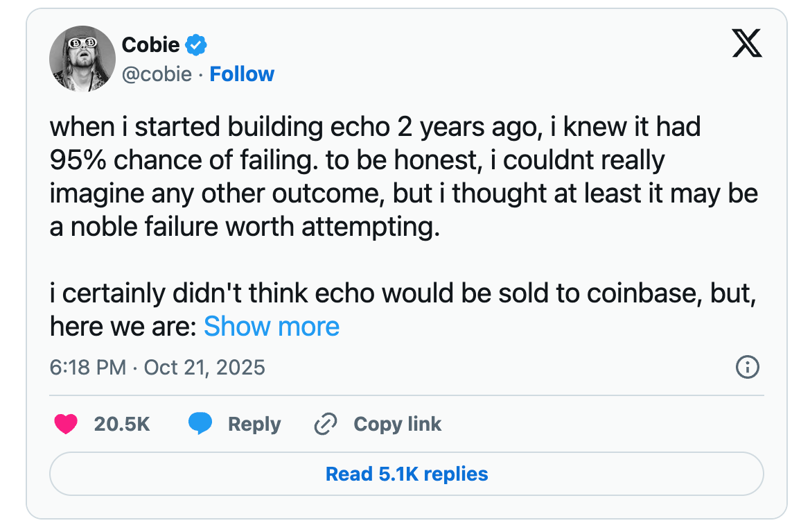 Behind Coinbase's Echo acquisition: Cobie's 13-year journey from 0 to fame and fortune