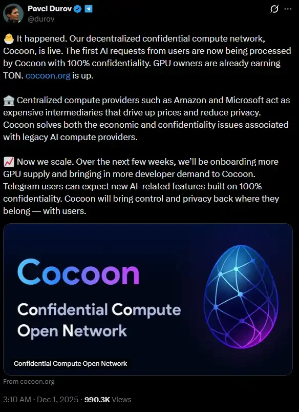 Telegram Cocoon is now online; your graphics card can now mine TON!
