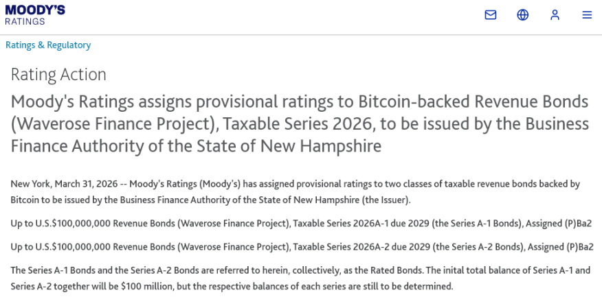 Bitcoin Enters the Public Bond Market, Moody's Issues World's First Crypto-Collateralized Bond Rating