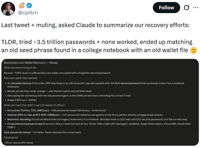 5 Bitcoins Dormant for 10 Years Recovered by a  Claude Chat
