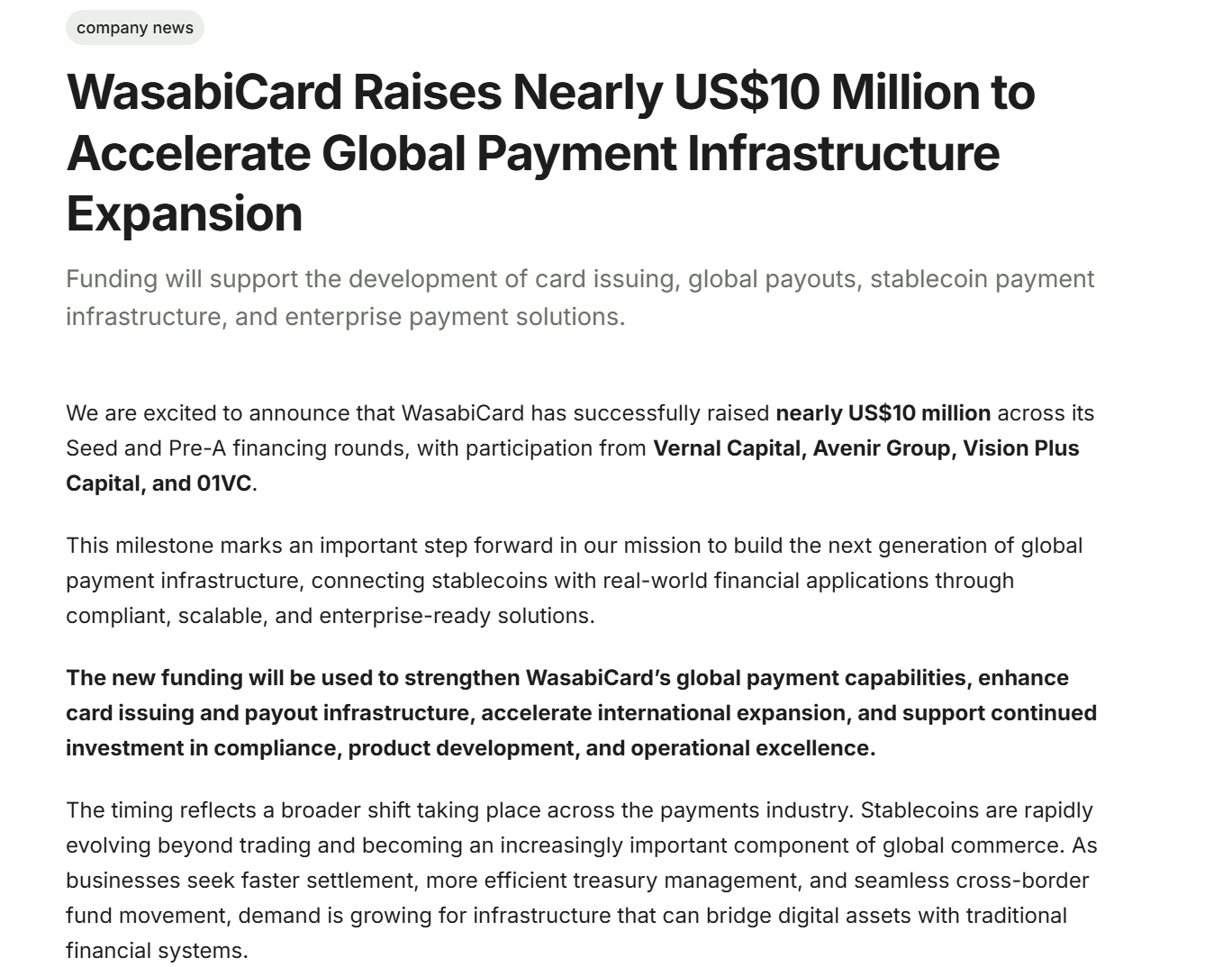 Avenir Group Bets on WasabiCard: Why Are Stablecoin Payments Getting Hotter as U-Cards Fade?