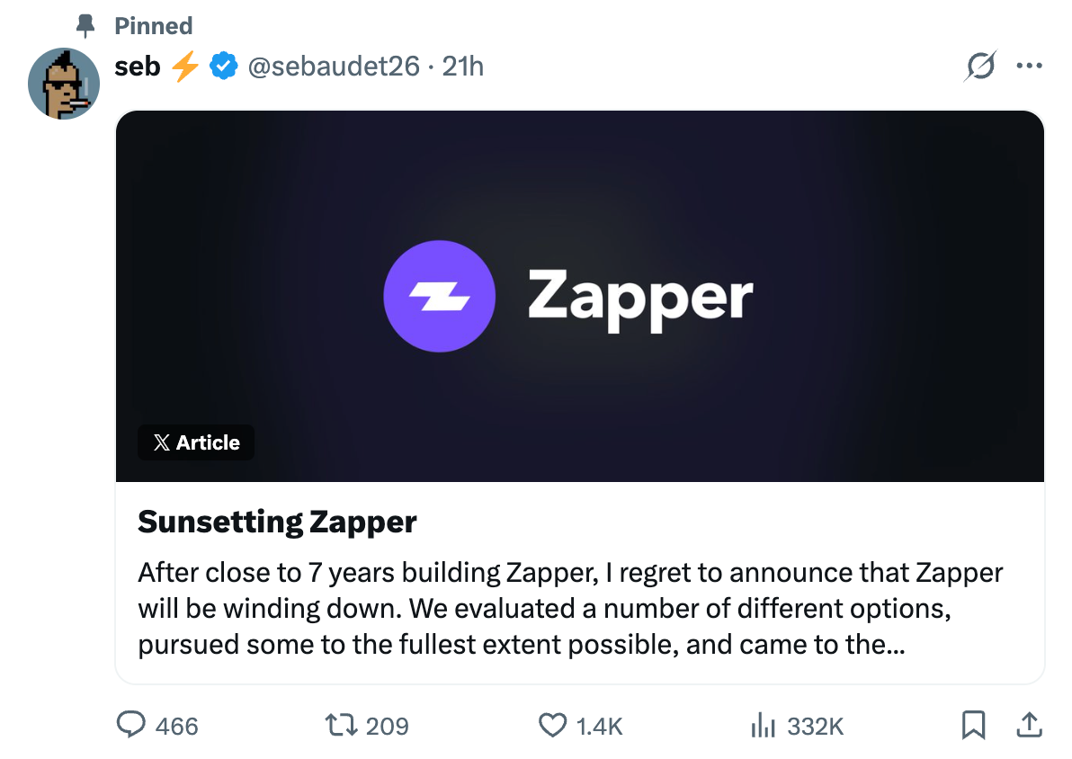 From 2 million monthly active users to zero: Zapper dies from DeFi's 