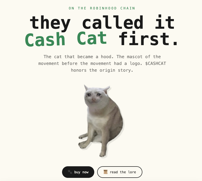CASHCAT: The First Hit on Robinhood Chain, Born from Its 'Former Name'