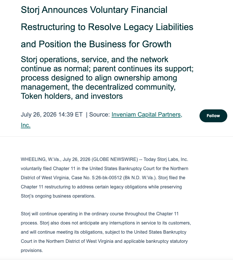 Storj Labs Files for Bankruptcy Protection: Can Token Holders Swap for Company Equity?