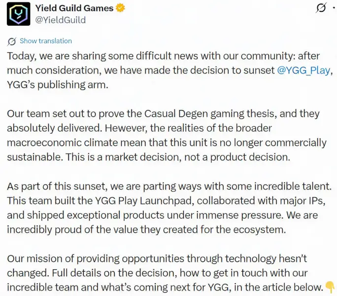 Yield Guild Games (YGG) Cuts Losses: Shuts Down Publishing Platform, Goes All-In on AI Data Economy